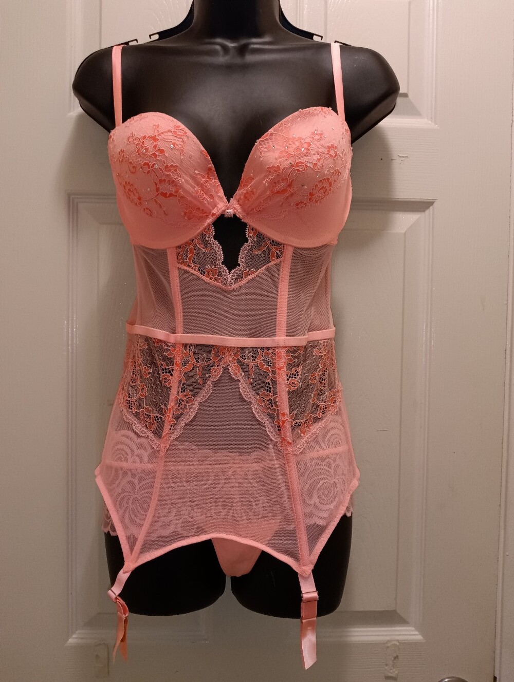Victoria's Secret 2 Pc Set Sheer Lace Garter Chemise - Coral Pink Top NWOT
